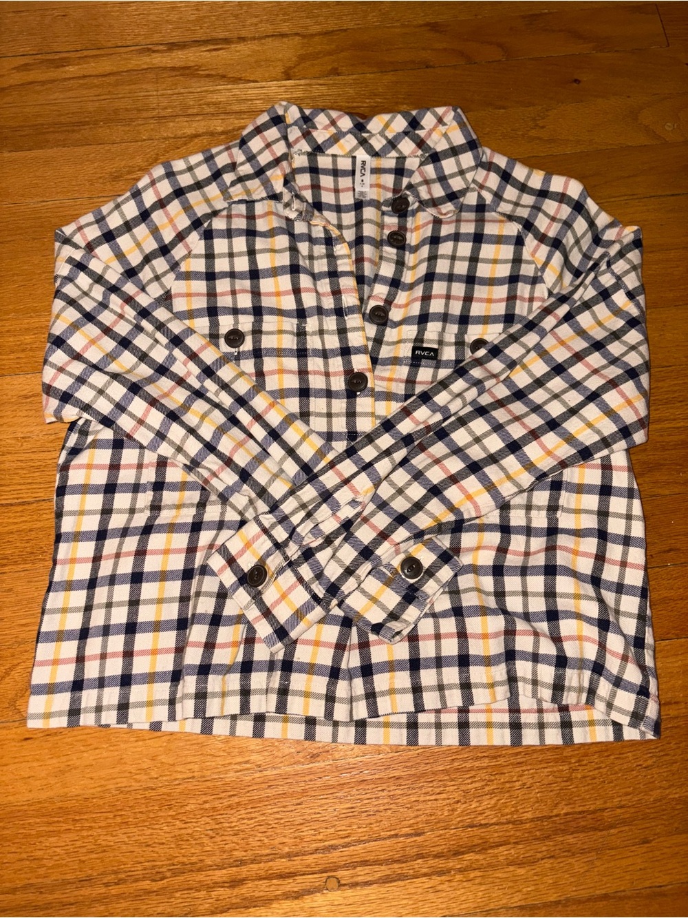 RVCA Women's Plaid Button-Up Shirt in White, Navy & Yellow